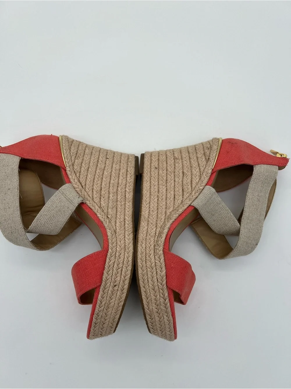 Michael Kors Coral and Natural Canvas Espadrille Wedge Sandals size 7.5
